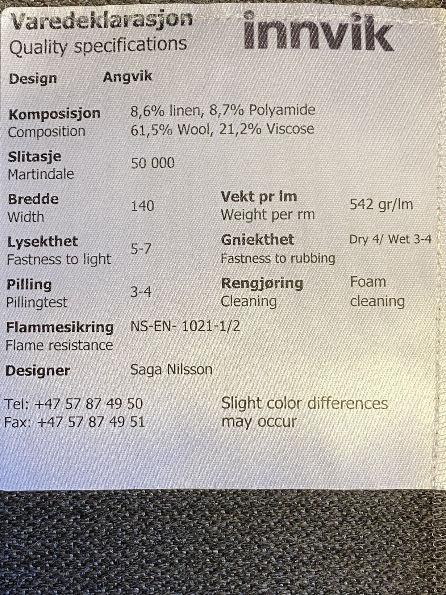 ANGVIK UNI stoffprøver