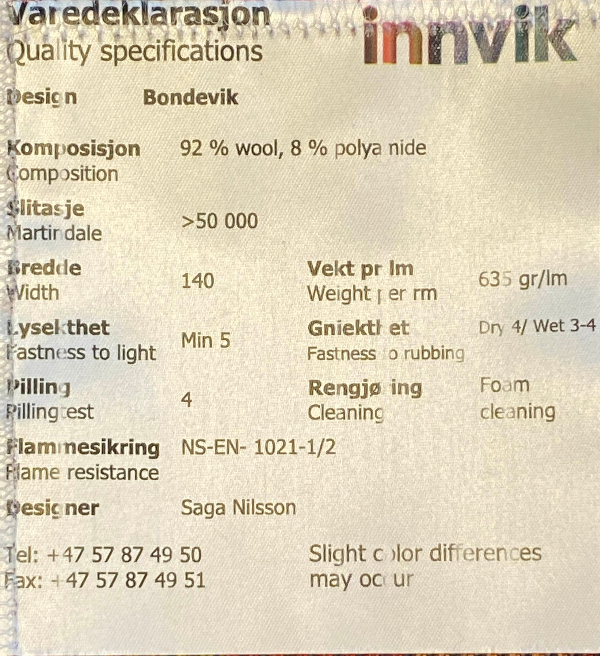 BONDEVIK - Møbelstoff