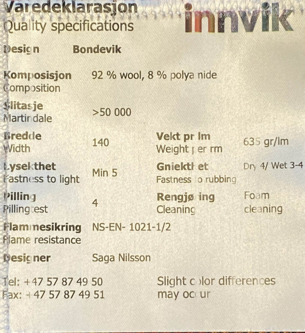 BONDEVIK - Stoffprøve