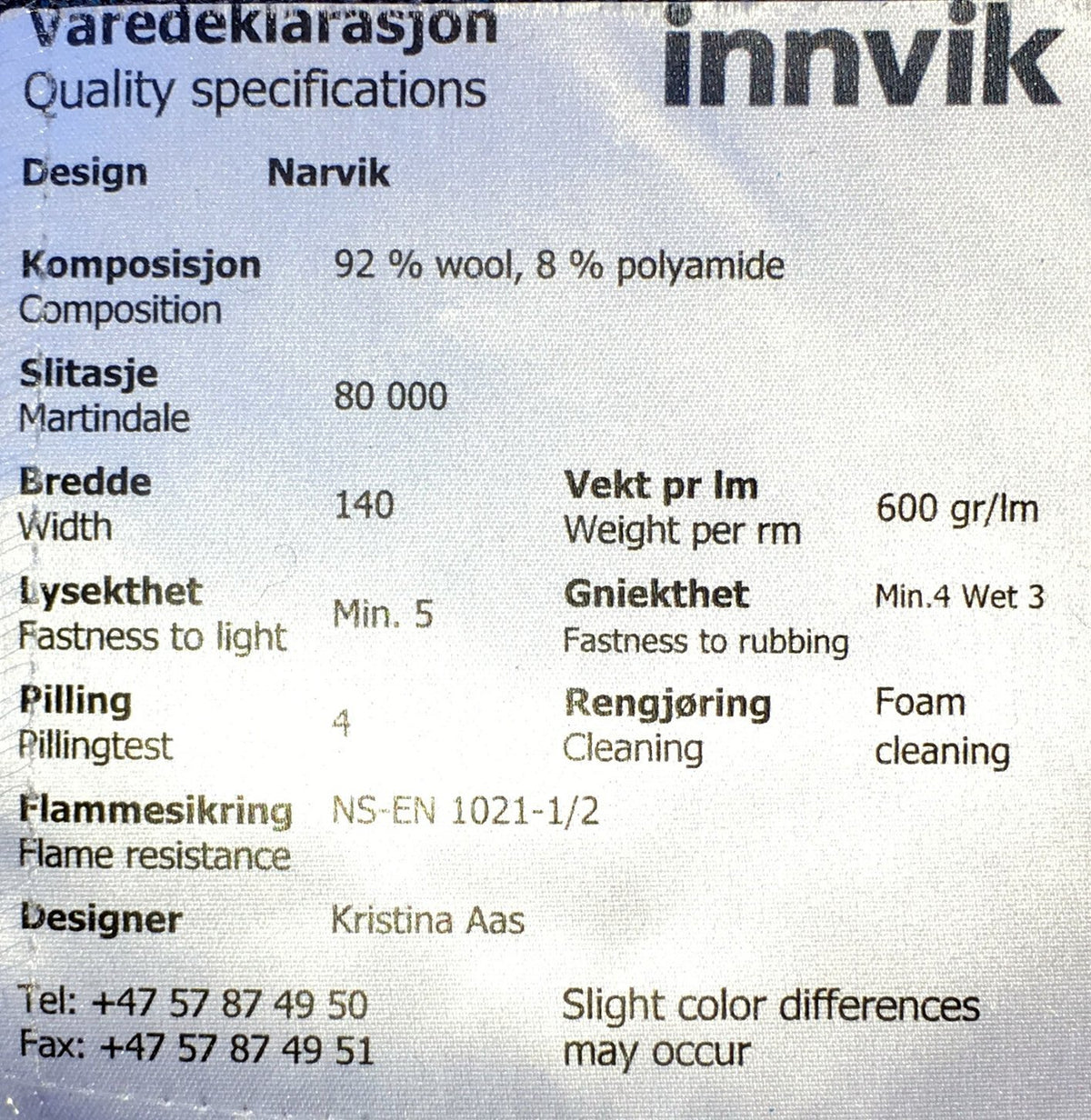 NARVIK - Stoffprøver
